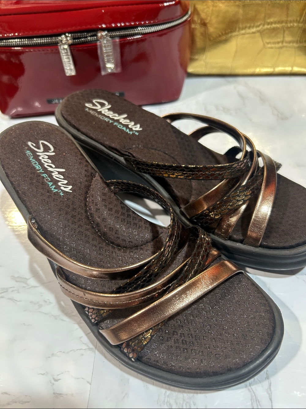 Skechers Metallic Bronze Strappy Memory Foam Sandals